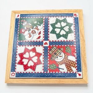 Hallmark Cards Christmas Ceramic Quilt Design With Wood Trim Trivet Vintage